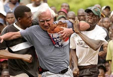 black men and a white guy with chicken